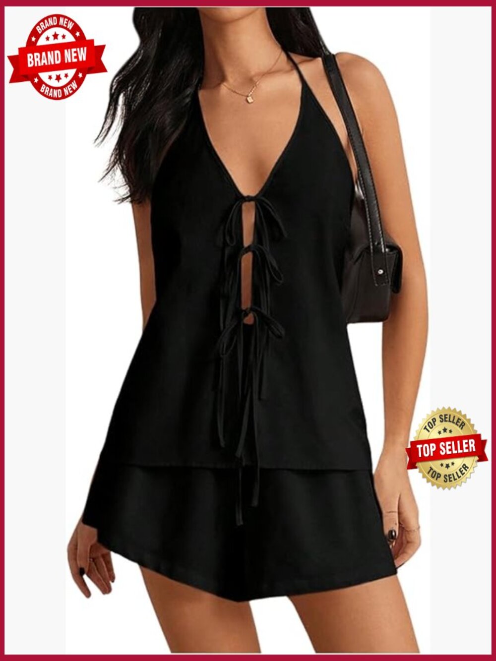 Linen Short Set 2 Piece Y2K Outfits Backless Tie Front Halter Top and Shorts